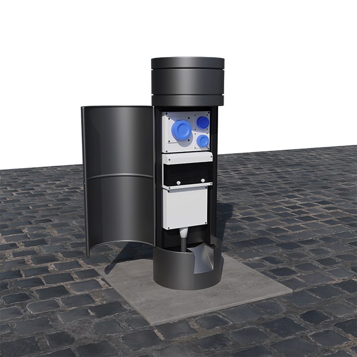 Pop Up Power SuppImage of an in-ground unt with the hinged lid closed